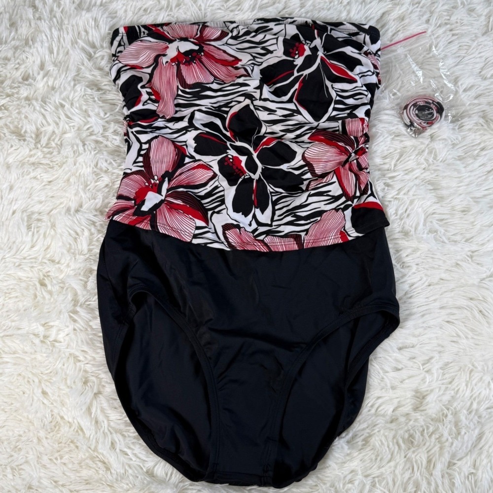 Jantzen Strapless Black Floral One Piece Swimsuit Women's Size 10 Beach Vacation